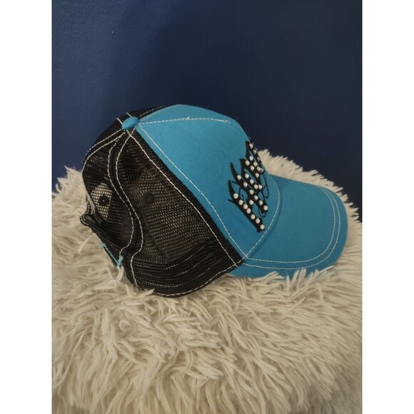 Hooters Trucker Baseball Hat Cap Snap Back One Size Blue Teal Rhinestone - Picture 4 of 8